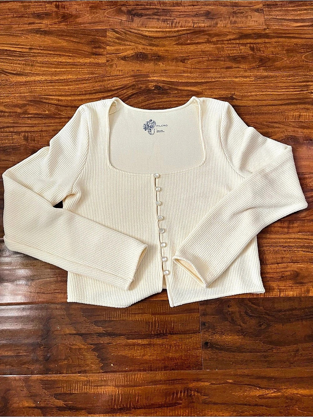Pilcro Square-Neck Cardigan Ribbed Cream - Picture 2 of 3